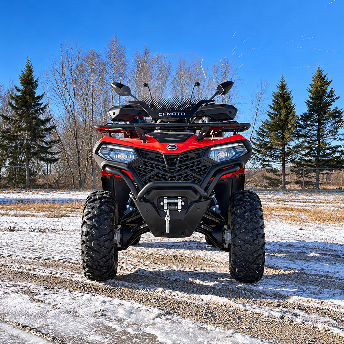 Front view of a CFMOTO CForce 400 ATV with the PERFEX 1.5-inch lift kit installed.