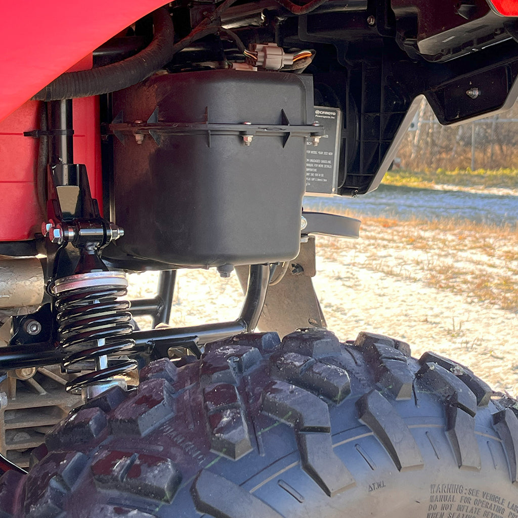 Close-up of the PERFEX rear lift bracket installed on the CFMOTO CForce 500 rear suspension.