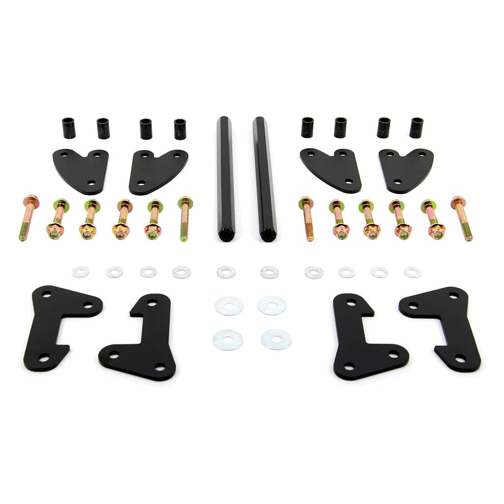 Front view of our lift-kit set for Polaris Ranger XP 1000 & Crew UTV, showcasing all included parts for an off-road experience. Made with durable materials for reliable performance on and off the road, brought to you by PERFEX.