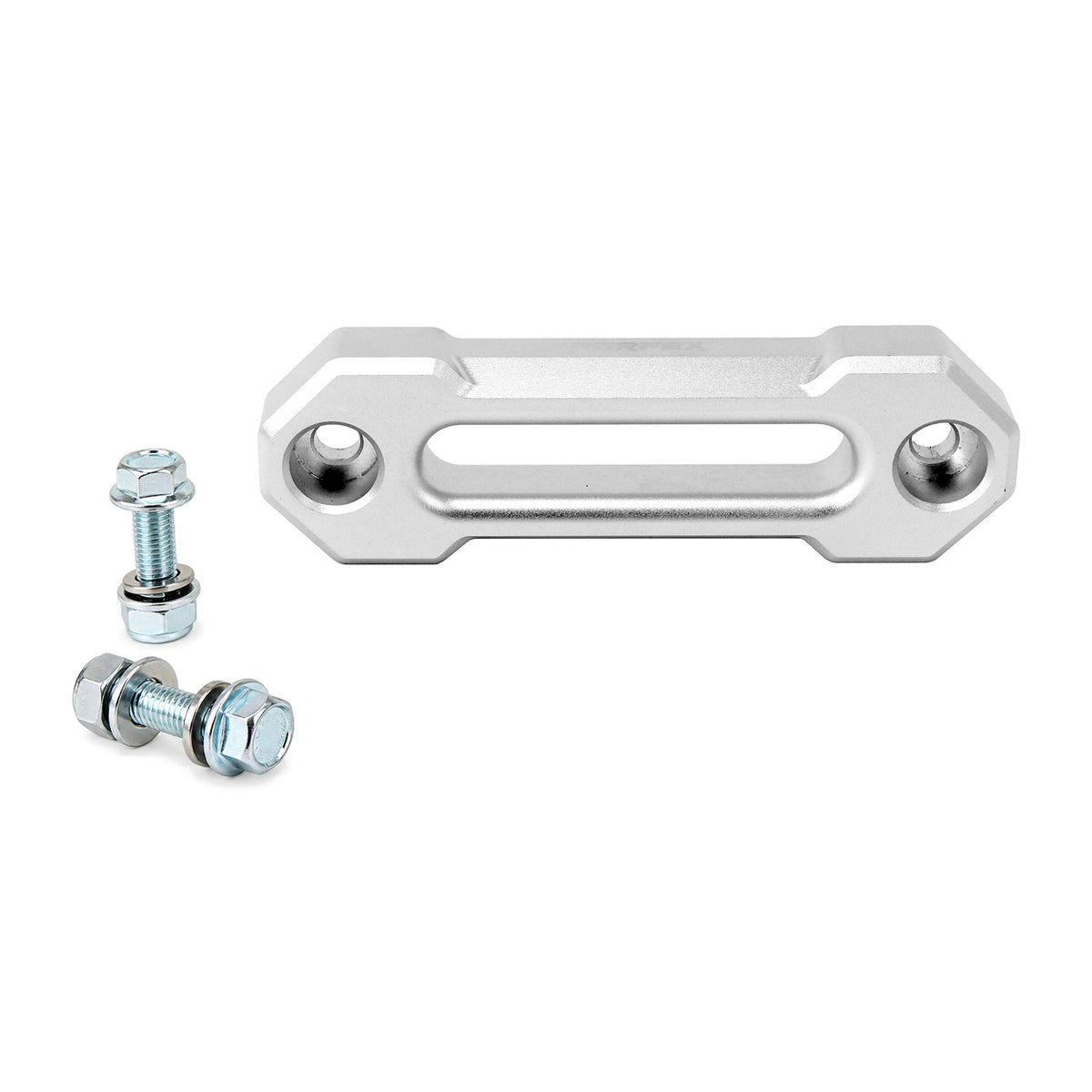 PERFEX CNC-machined aluminum UTV hawse fairlead with silver anodized finish, 6" mounting hole spacing, and included M10-1.25 bolts and lock nuts.