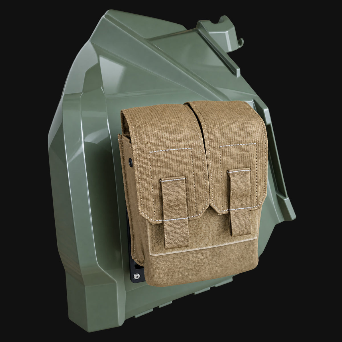 Can-Am Outlander Gen 2 left Fender MOLLE Panel with Project Backcountry Modular FenderLink and utility storage pouch.