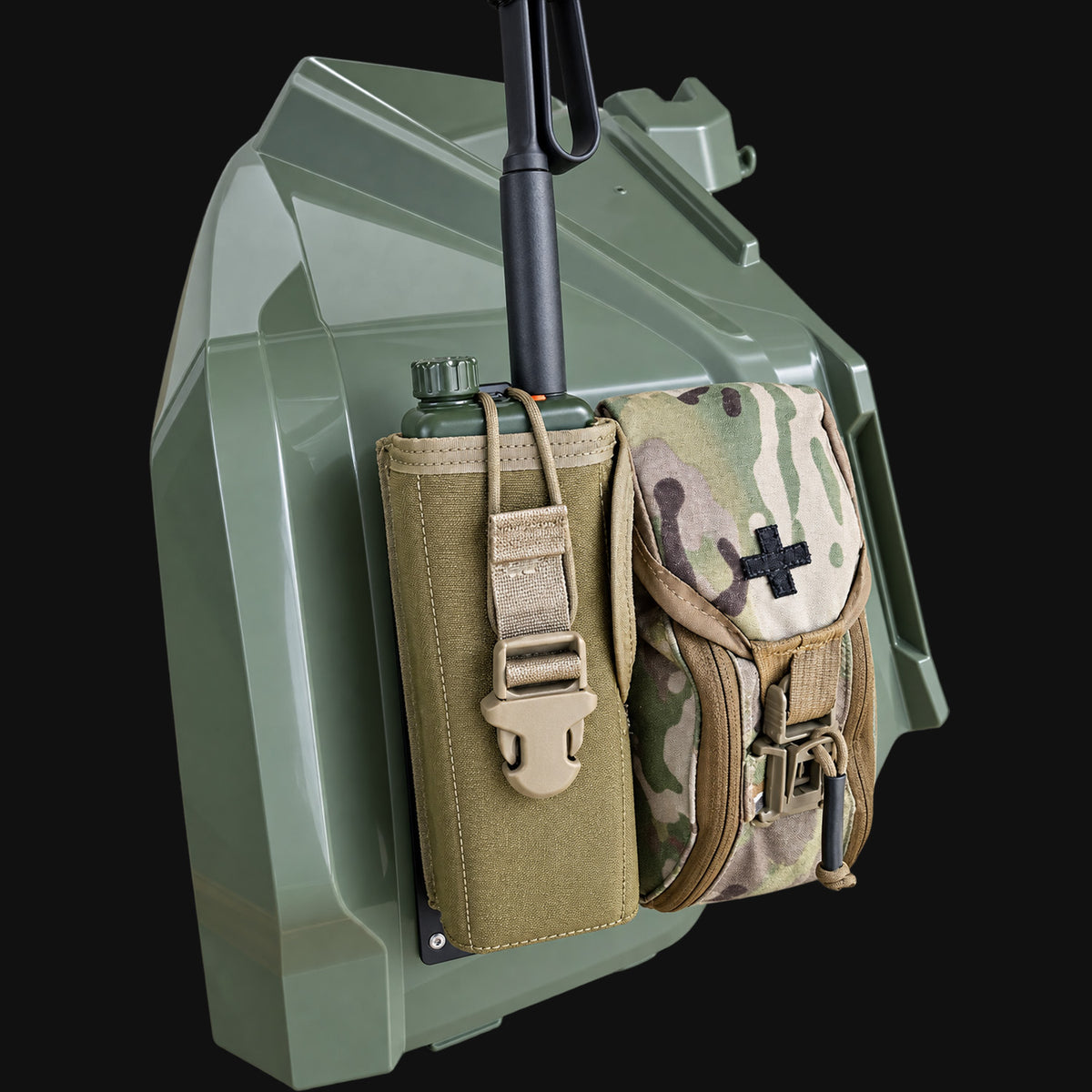 Project Backcountry Modular FenderLink on Can-Am Outlander Gen 2 with MOLLE pouches and utility gear mounted to the left fender.