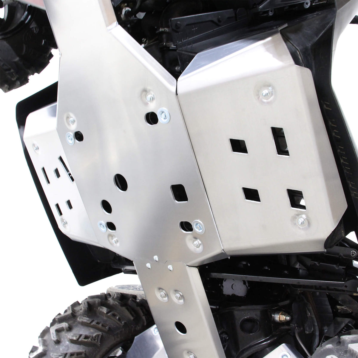 PERFEX aluminum left footwell skid plate protecting the rider foot area on a Can-Am Outlander MAX 6x6 450 G2L ATV
