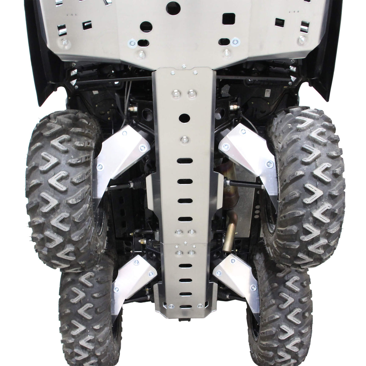 PERFEX aluminum rear A-arm guards protecting the rear suspension of a Can-Am Outlander MAX 6x6 450 G2L ATV