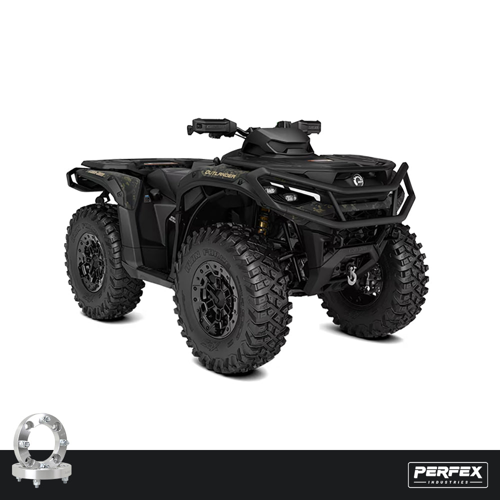 PERFEX Can-Am Outlander G1, G2, and G3 ATVs with 4x136 aluminum wheel spacers installed, improving stance and off-road stability.