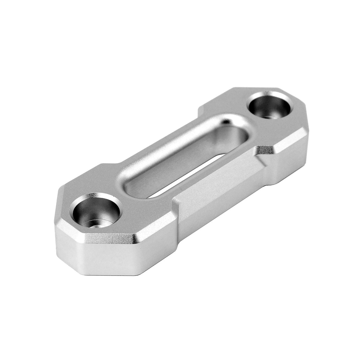 Front angled view of the PERFEX silver anodized CFMOTO hawse fairlead, highlighting its smooth, rounded opening for synthetic winch ropes on CForce, UForce and ZForce vehicles.
