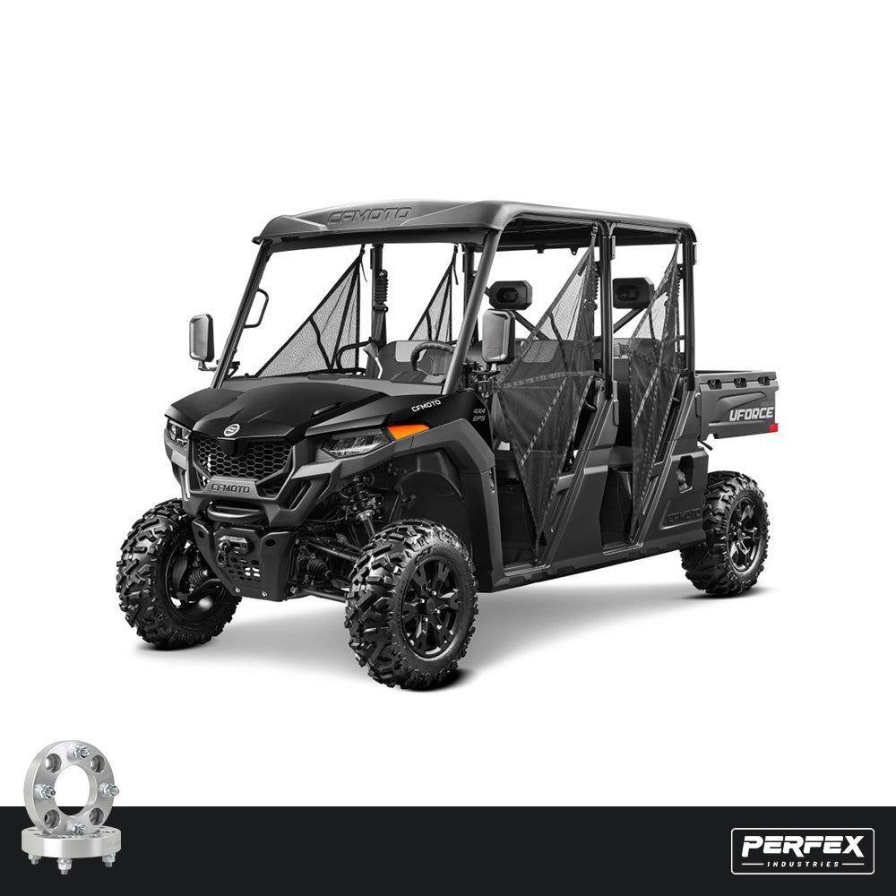 PERFEX™ aluminum wheel spacers for CFMoto UForce 800 XL UTV. High-quality 6061-T6 aluminum with 4x110 bolt pattern, M12-1.25 studs and customizable thickness options.