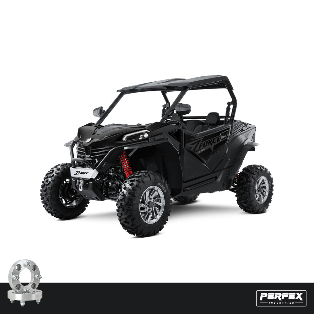PERFEX™ aluminum wheel spacers for CFMoto ZForce 800 and 950 UTVs (Gen2). High-quality 6061-T6 aluminum with 4x110 bolt pattern, M12-1.25 studs and customizable thickness options.