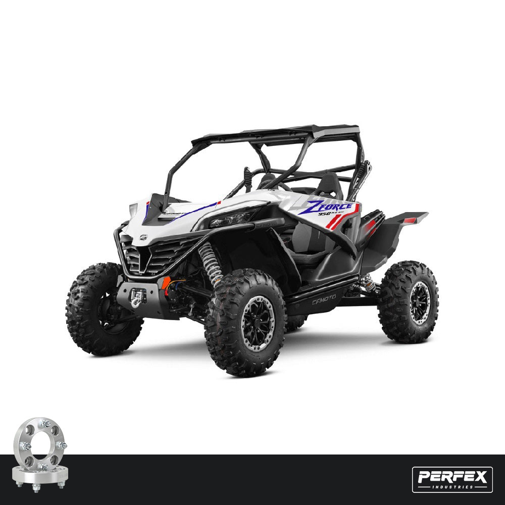 PERFEX™ aluminum wheel spacers for CFMoto ZForce 950 EX/Sport UTVs. High-quality 6061-T6 aluminum with 4x110 bolt pattern, M12-1.25 studs and customizable thickness options.
