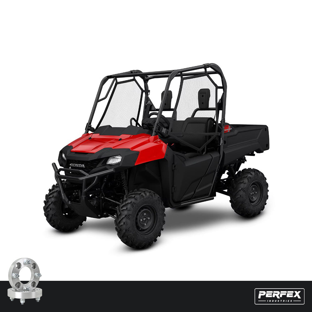 PERFEX aluminum wheel spacers for Honda Pioneer 700 and 700-4 UTVs. High-performance 6061-T6 aluminum spacers with 4x110 bolt pattern, M12-1.50 studs, and customizable thickness.
