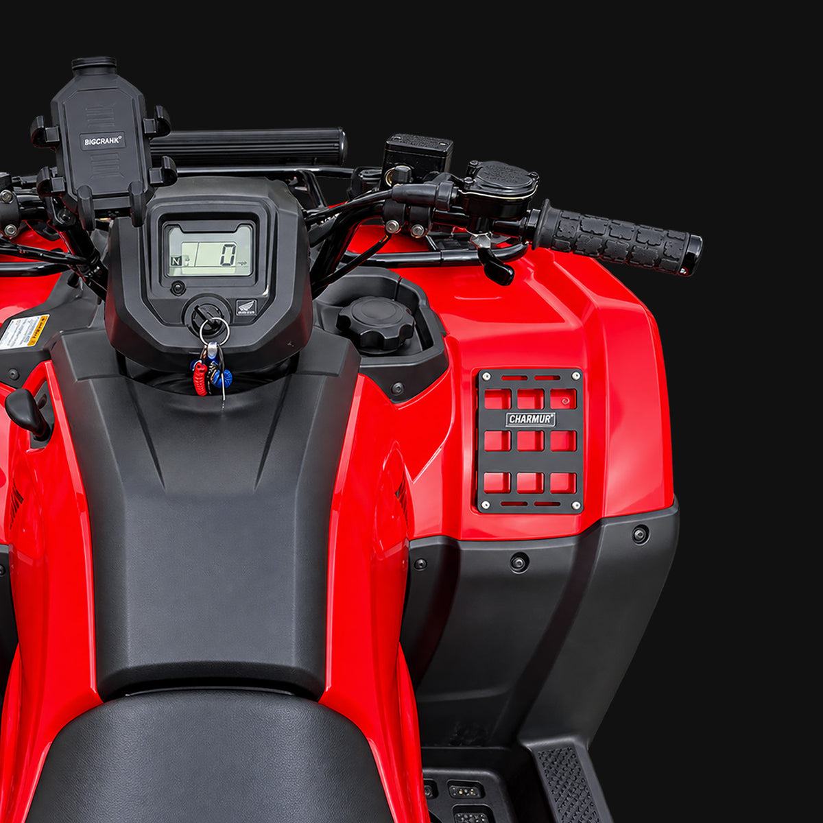 Honda FourTrax Rancher 420 ATV equipped with Project Backcountry Modular FenderLink MOLLE Panel on the right front fender.