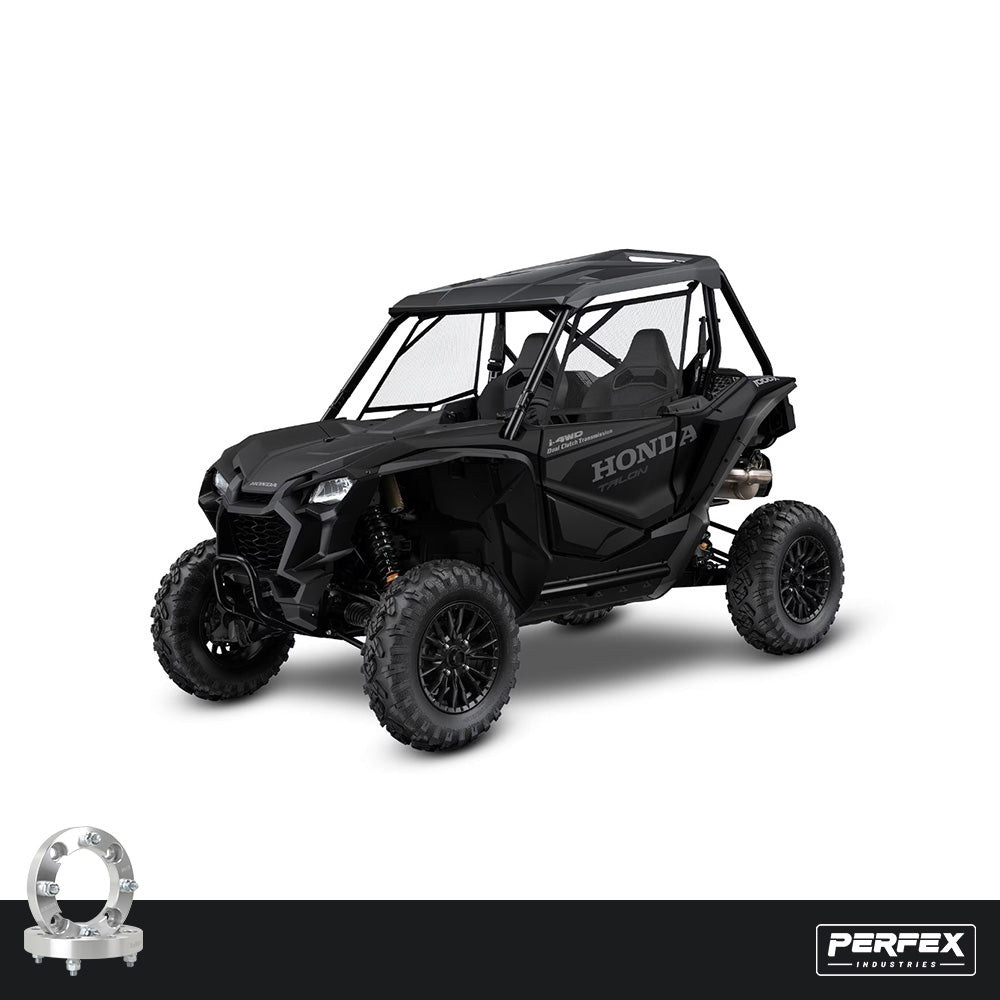 PERFEX aluminum wheel spacers for Honda Talon 1000X and 1000R UTVs. High-performance 6061-T6 aluminum spacers with 4x136 bolt pattern, M12-1.50 studs, and customizable thickness.