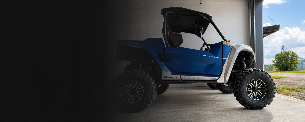 2026 Yamaha Wolverine RMAX2 1000 Limited UTV in a workshop, before the installation of PERFEX wheel spacers.