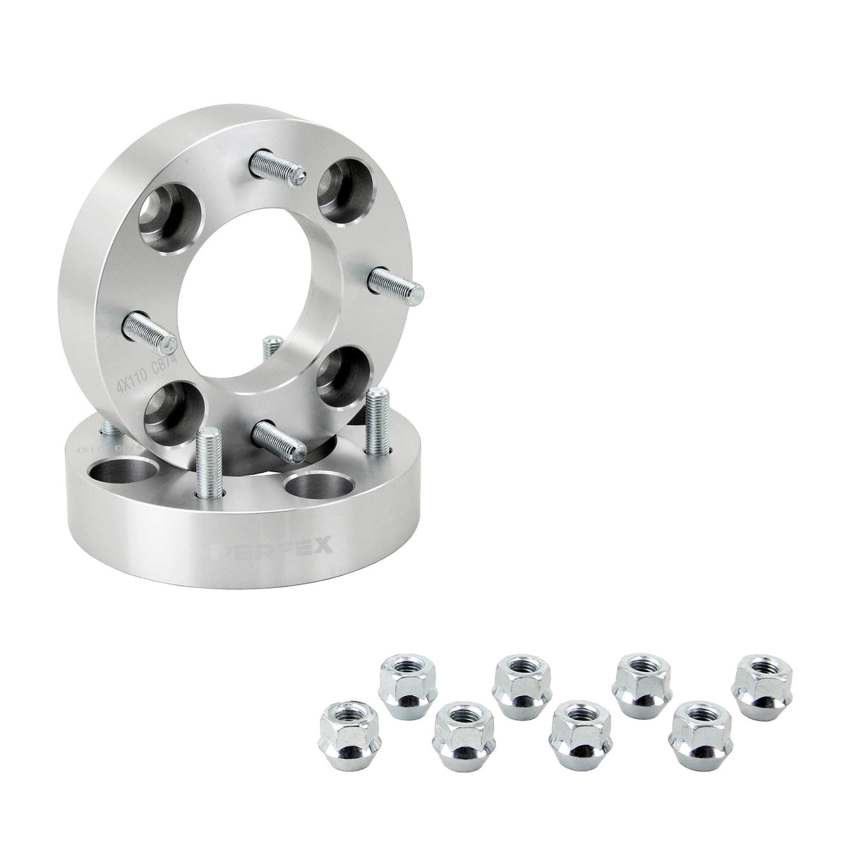 PERFEX aluminum wheel spacers (sold in pairs), 4x110 bolt pattern, 1.25-inch thick (31.75mm), with included lug nuts. Compatible with most Honda, Suzuki, Yamaha ATVs, CFMoto CForce/UForce/ZForce, and all Segway models.