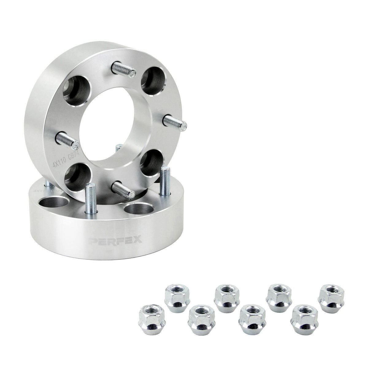 PERFEX aluminum wheel spacers (sold in pairs), 4x110 bolt pattern, 1.5-inch thick (38.1mm), with included lug nuts. Compatible with most Honda, Suzuki, Yamaha ATVs, CFMoto CForce/UForce/ZForce, and all Segway models.
