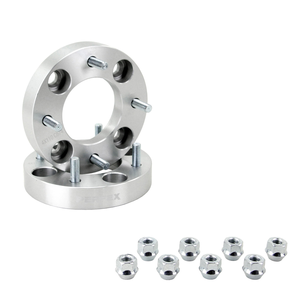 PERFEX aluminum wheel spacers (sold in pairs), 4x110 bolt pattern, 1-inch thick (25.4mm), with included lug nuts. Compatible with most Honda, Suzuki, Yamaha ATVs, CFMoto CForce/UForce/ZForce, and all Segway models.