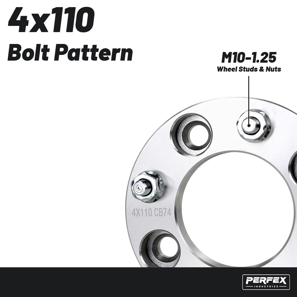 PERFEX 4x110 aluminum ATV wheel spacers with M10-1.25 thread pitch, compatible with CFMoto, Honda, Suzuki and Yamaha ATVs, precision machined for proper fitment and reliable off-road performance.