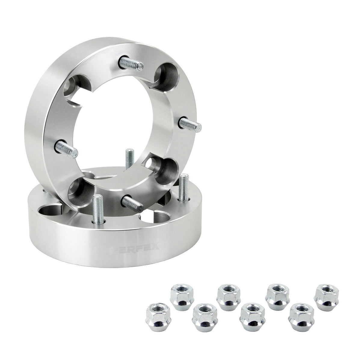 PERFEX aluminum wheel spacers (sold in pairs), 4x156 bolt pattern, 1.5-inch thick (38.1mm), with included lug nuts. Compatible with all Polaris ATVs and UTVs (ACE, General, Ranger, RZR, Scrambler, Sportsman) and Yamaha models (Wolverine RMAX, YXZ1000R).