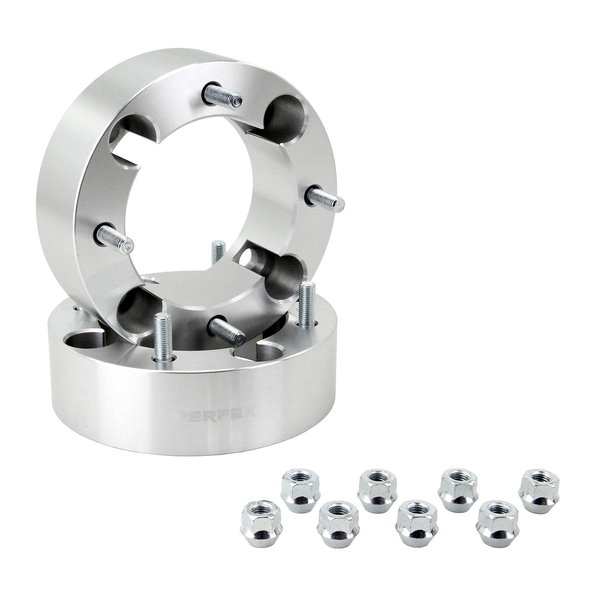 PERFEX aluminum wheel spacers (sold in pairs), 4x156 bolt pattern, 2-inch thick (50.8mm), with included lug nuts. Compatible with all Polaris ATVs and UTVs (ACE, General, Ranger, RZR, Scrambler, Sportsman) and Yamaha models (Wolverine RMAX, YXZ1000R).