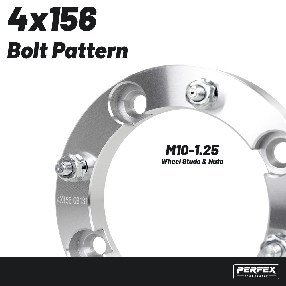 PERFEX 4x156 aluminum ATV wheel spacers with M10-1.25 thread pitch, compatible with Polaris Scrambler and Sportsman 850/XP 1000 models, precision machined for proper fitment and reliable off-road performance.