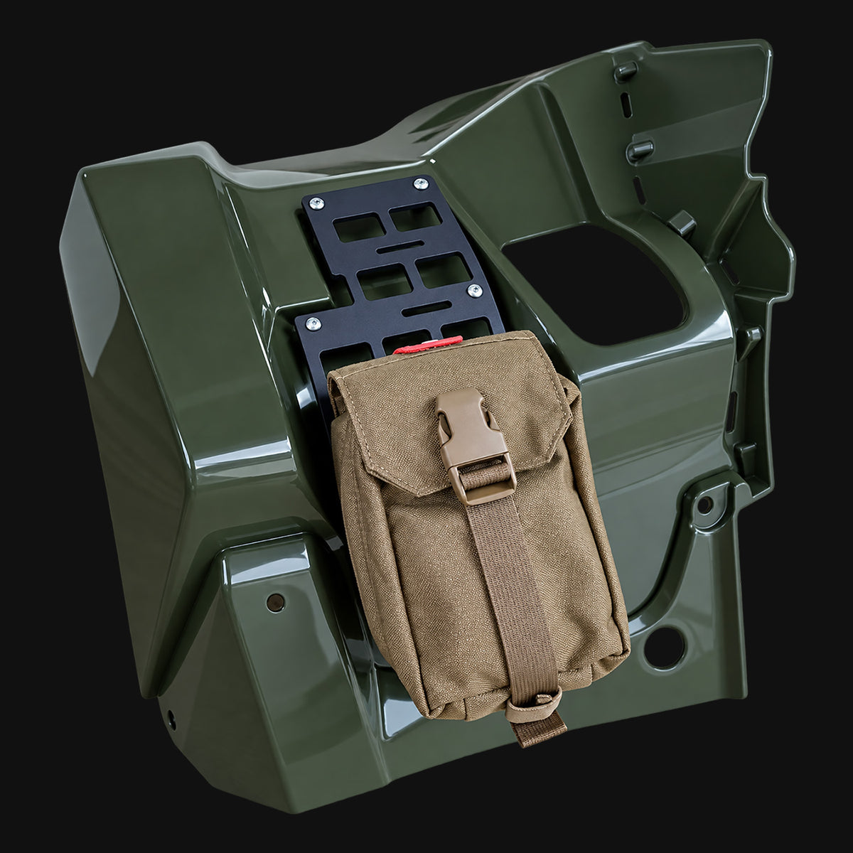 Suzuki KingQuad 500/750 left Fender MOLLE Panel with Project Backcountry Modular FenderLink and utility storage pouch.