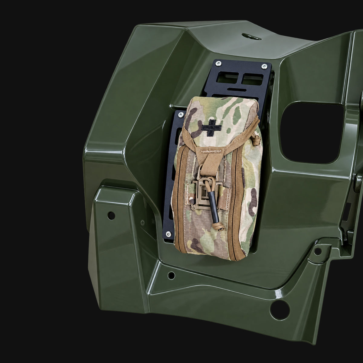 Suzuki KingQuad 500/750 ATV left Fender MOLLE Panel carrying a MOLLE utility pouch for trail gear.