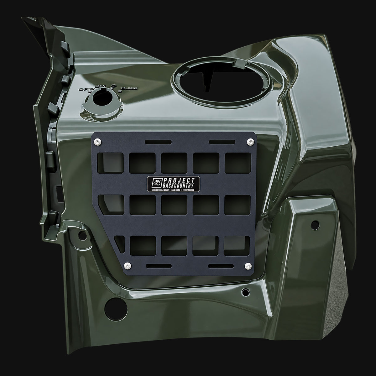 Project Backcountry Modular FenderLink MOLLE Panel installed on the right front fender of a Suzuki KingQuad 500/750 ATV.