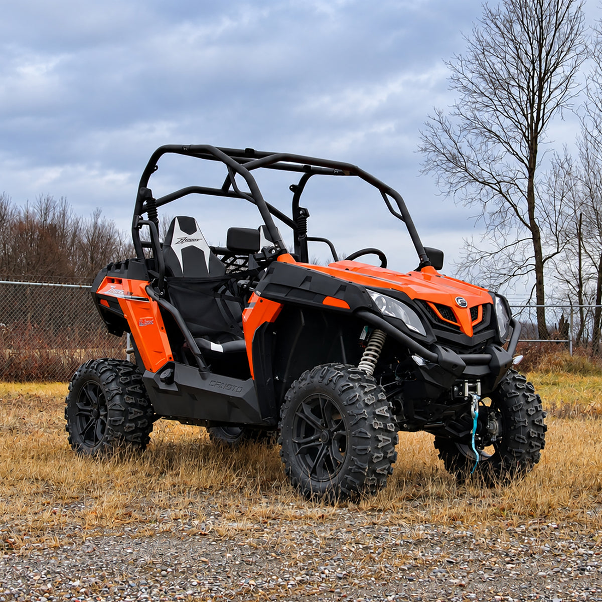 CFMOTO ZForce 500 Trail with PERFEX suspension lift, shown from a front three-quarter angle.