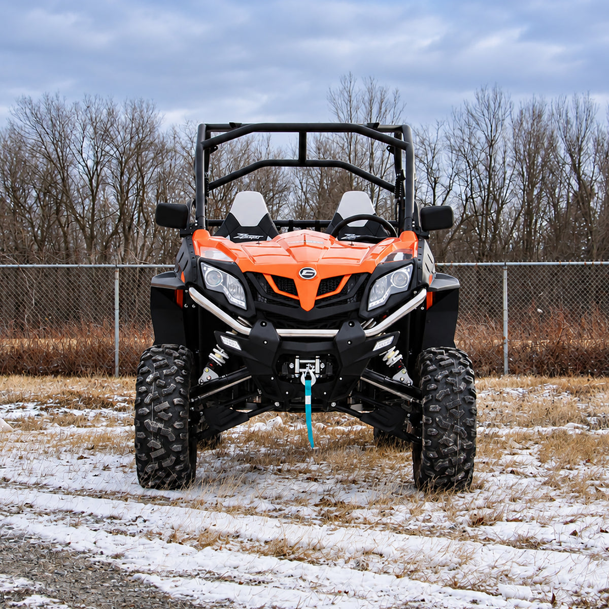Front view of a CFMOTO ZForce 1000 UTV equipped with a PERFEX 2" suspension lift kit.