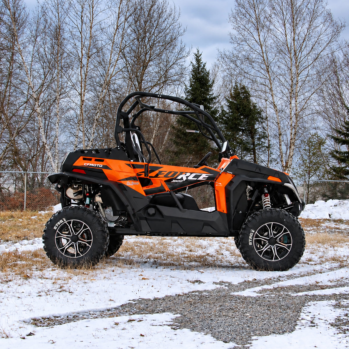 Side profile of a CFMOTO ZForce 1000 featuring a PERFEX 2" lift kit and increased ground clearance.