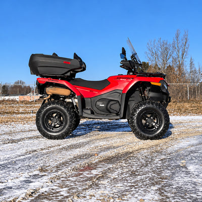 Side profile of a CFMOTO CForce 400 Touring ATV showing its stance with the PERFEX 1.5-inch lift kit installed.