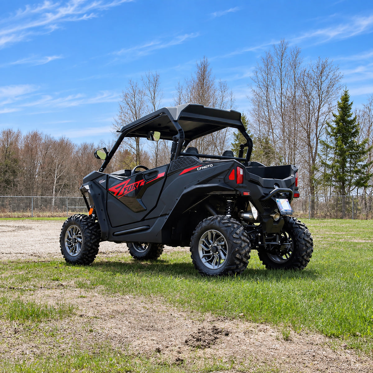 Rear view of lifted CFMOTO ZForce 800 Trail G2 with PERFEX bracket lift system.