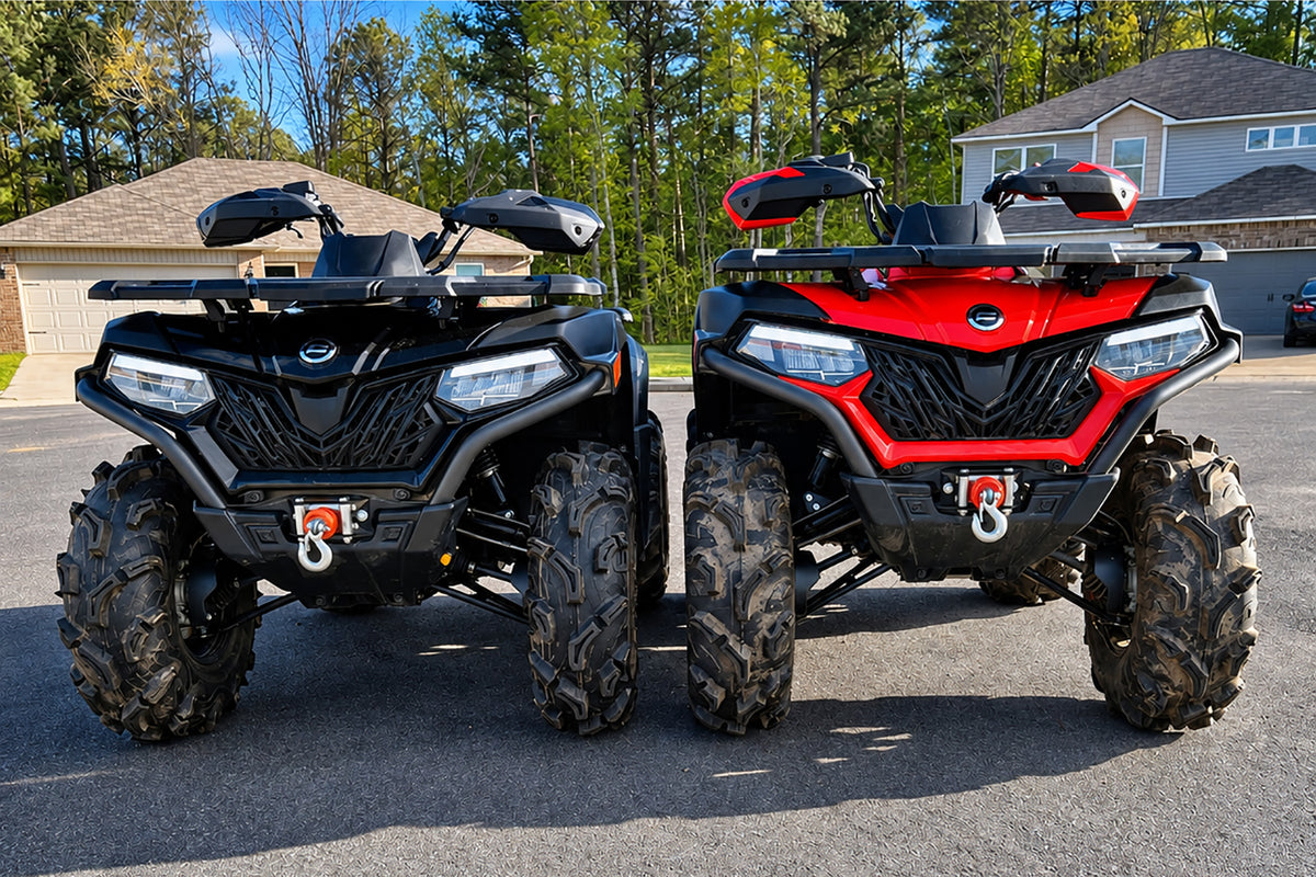Front comparison of two CFMOTO CForce 600 ATVs showing differences in ride height and stance.