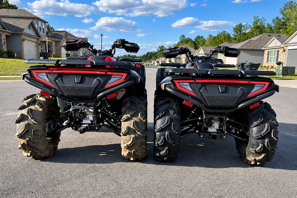 Rear comparison of two CFMOTO CForce 600 ATVs highlighting suspension height and ground clearance.