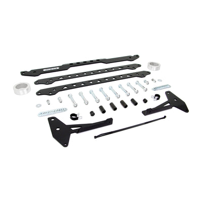 Angled view of the Canadian-made PERFEX 2.5" lift kit for CFMOTO UForce U10 PRO, XL and Highland, showcasing its precision-cut steel brackets, mounting hardware, and aluminum spacers.