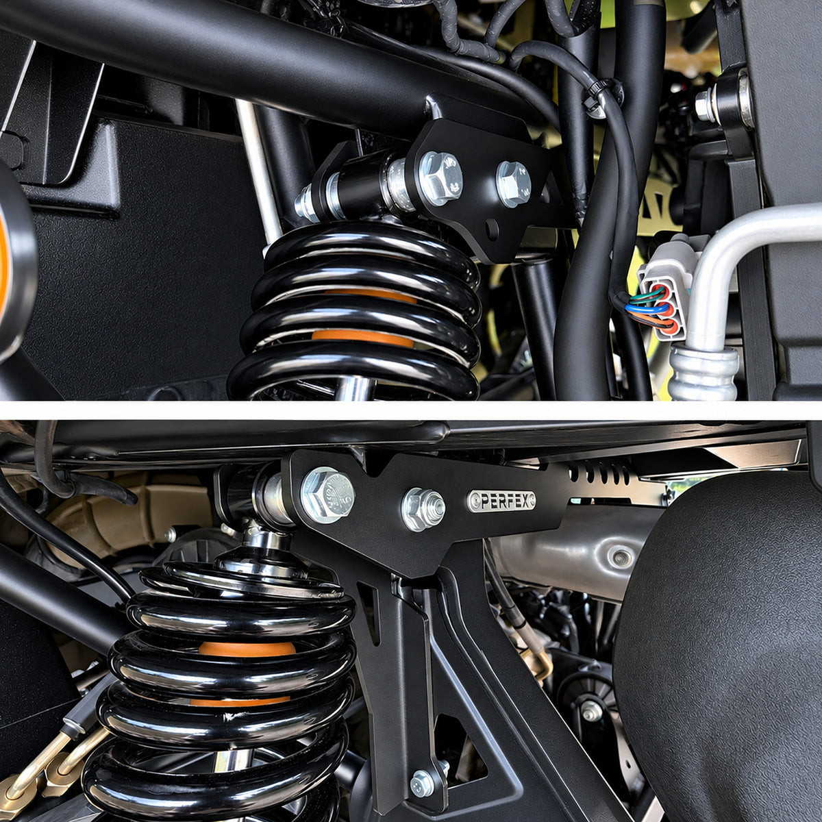 Front and rear installation of PERFEX 2.5in UTV lift kit on CFMOTO UForce U10 PRO — includes heavy-duty front bracket and rear spring spacer mounted on suspension components.