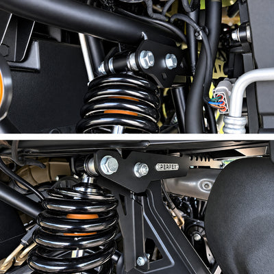 Front and rear installation of PERFEX 2.5in UTV lift kit on CFMOTO UForce U10 PRO — includes heavy-duty front bracket and rear spring spacer mounted on suspension components.