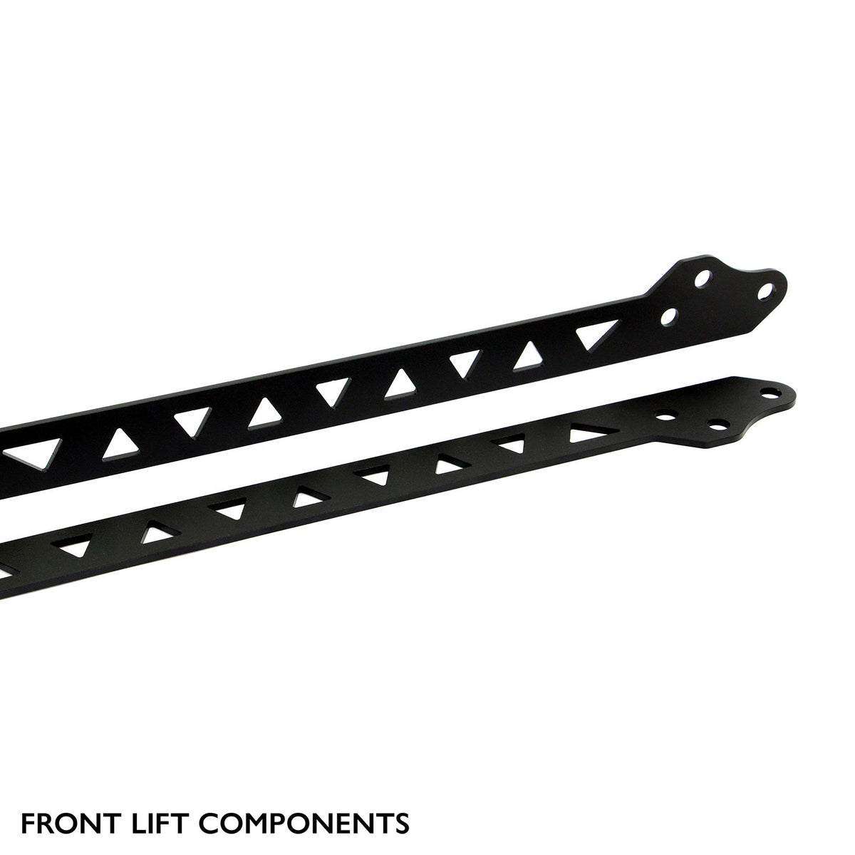Close-up of the front suspension lift brackets included in the PERFEX 2.5" lift kit for CFMOTO UForce U10 PRO, XL and Highland, featuring precision-cut triangular openings and a black powder-coated finish.