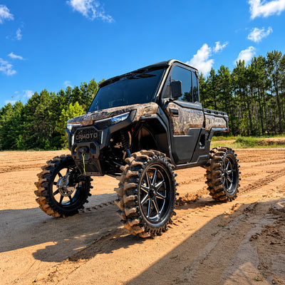 Custom CFMOTO UForce U10 PRO build featuring a PERFEX 2.5-inch lift kit, 6-inch portal gear lifts with 45% reduction, and massive 37-inch mud tires mounted on 24-inch wheels.