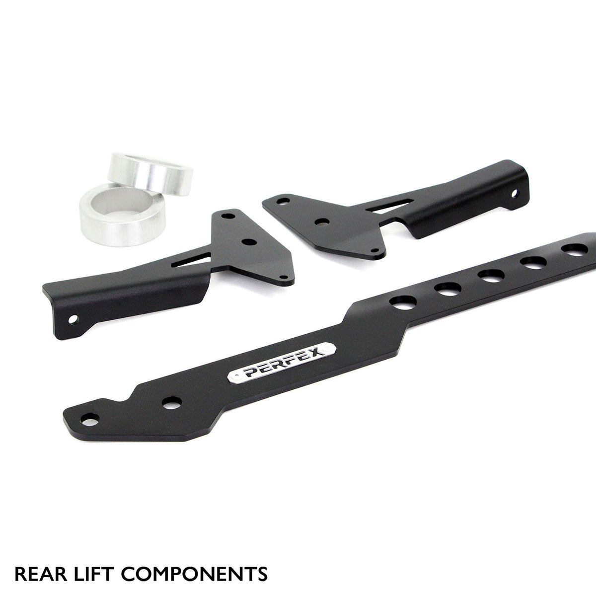 Rear suspension components of the PERFEX 2.5-inch lift kit for CFMOTO UForce U10 PRO, XL and Highland, including heavy-duty steel mounting brackets, aluminum spacers, and a PERFEX-branded support bar.
