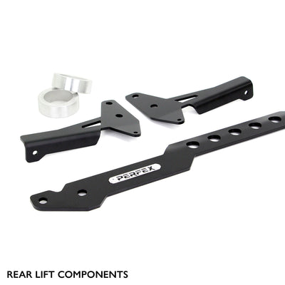 Rear suspension components of the PERFEX 2.5-inch lift kit for CFMOTO UForce U10 PRO, XL and Highland, including heavy-duty steel mounting brackets, aluminum spacers, and a PERFEX-branded support bar.