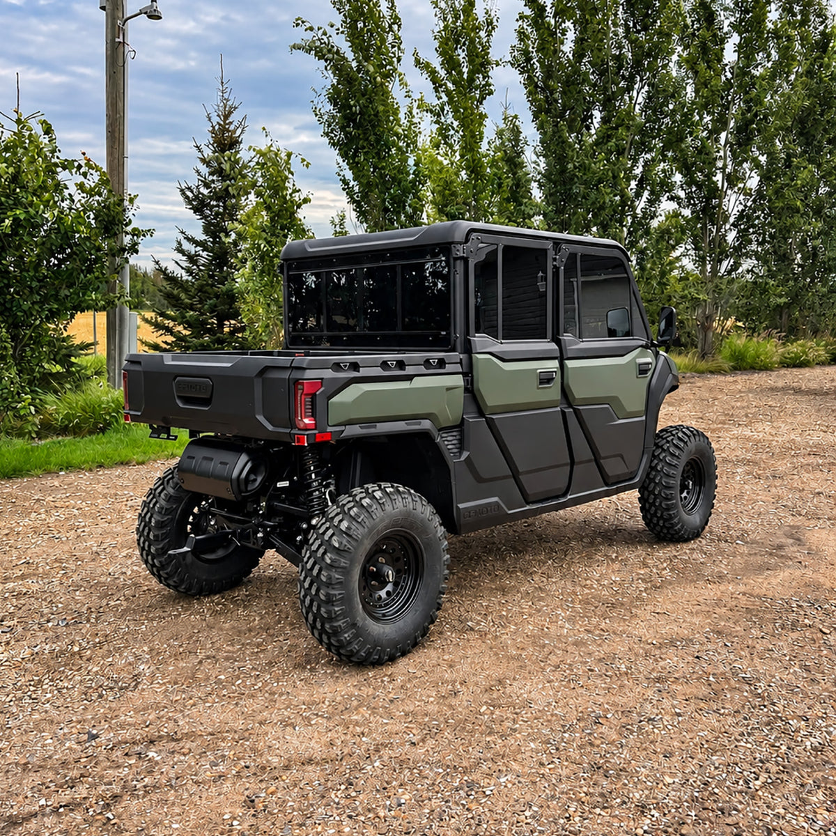 Rear three-quarter view of the CFMOTO UForce U10 XL PRO Highland featuring the Canadian-made PERFEX 2.5-inch suspension lift kit, highlighting its raised chassis and rear suspension clearance.