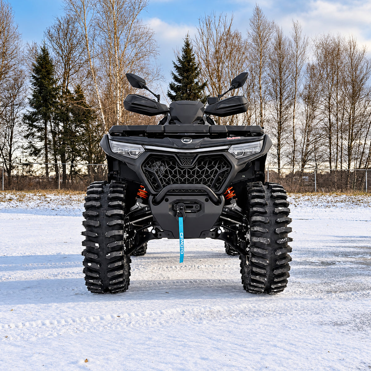 Front view of a CFMOTO CForce 1000 Touring with PERFEX 2-inch lift kit and 30-inch System 3 XT400 tires.