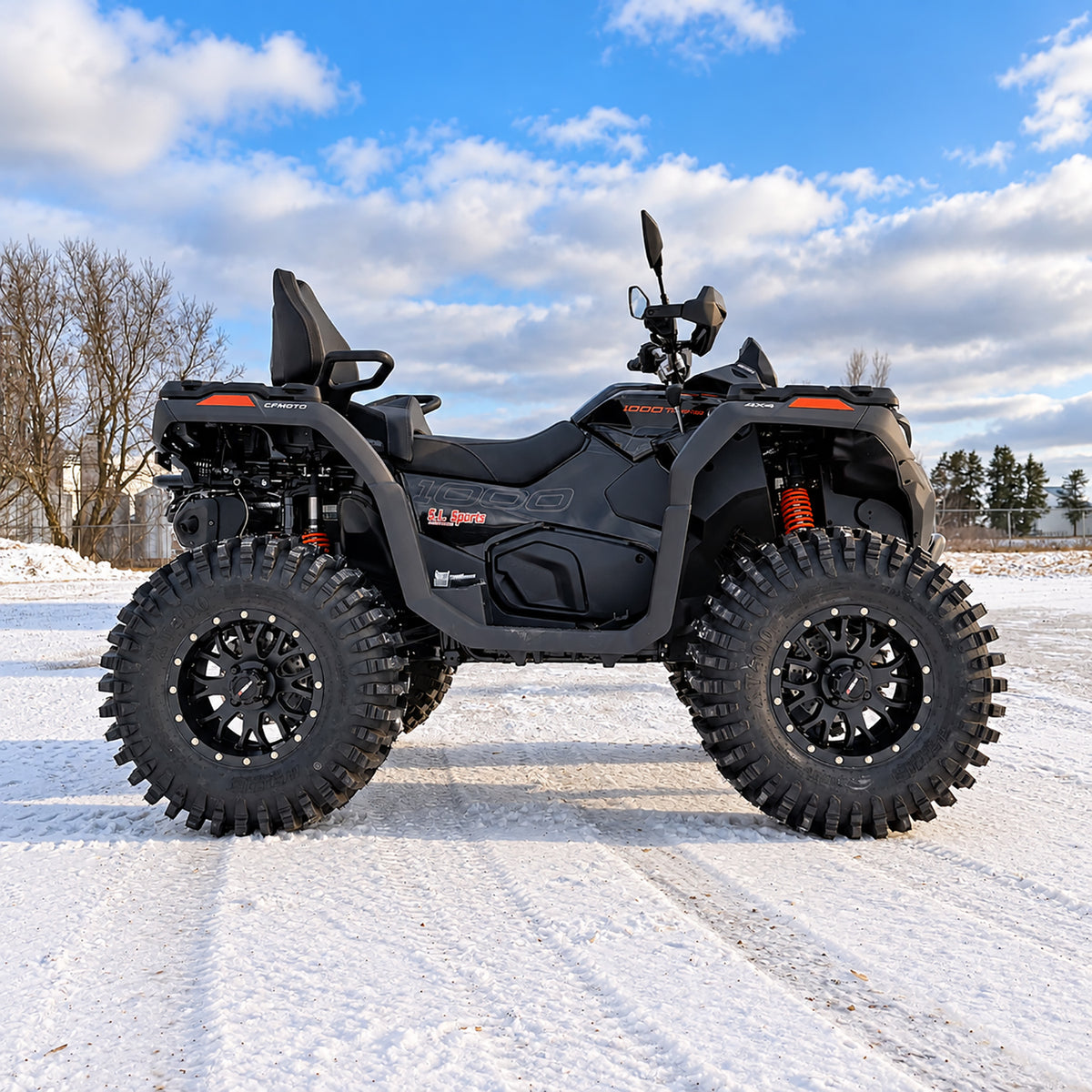 Side view of a CFMOTO CForce 1000 Touring with PERFEX 2-inch lift kit and 30-inch System 3 XT400 tires installed.