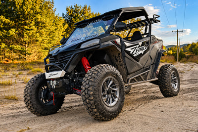 Front angle view of CFMOTO ZForce 950 Sport G2 equipped with PERFEX 2-inch lift kit, 30-inch tires and 1.5-inch wheel spacers.