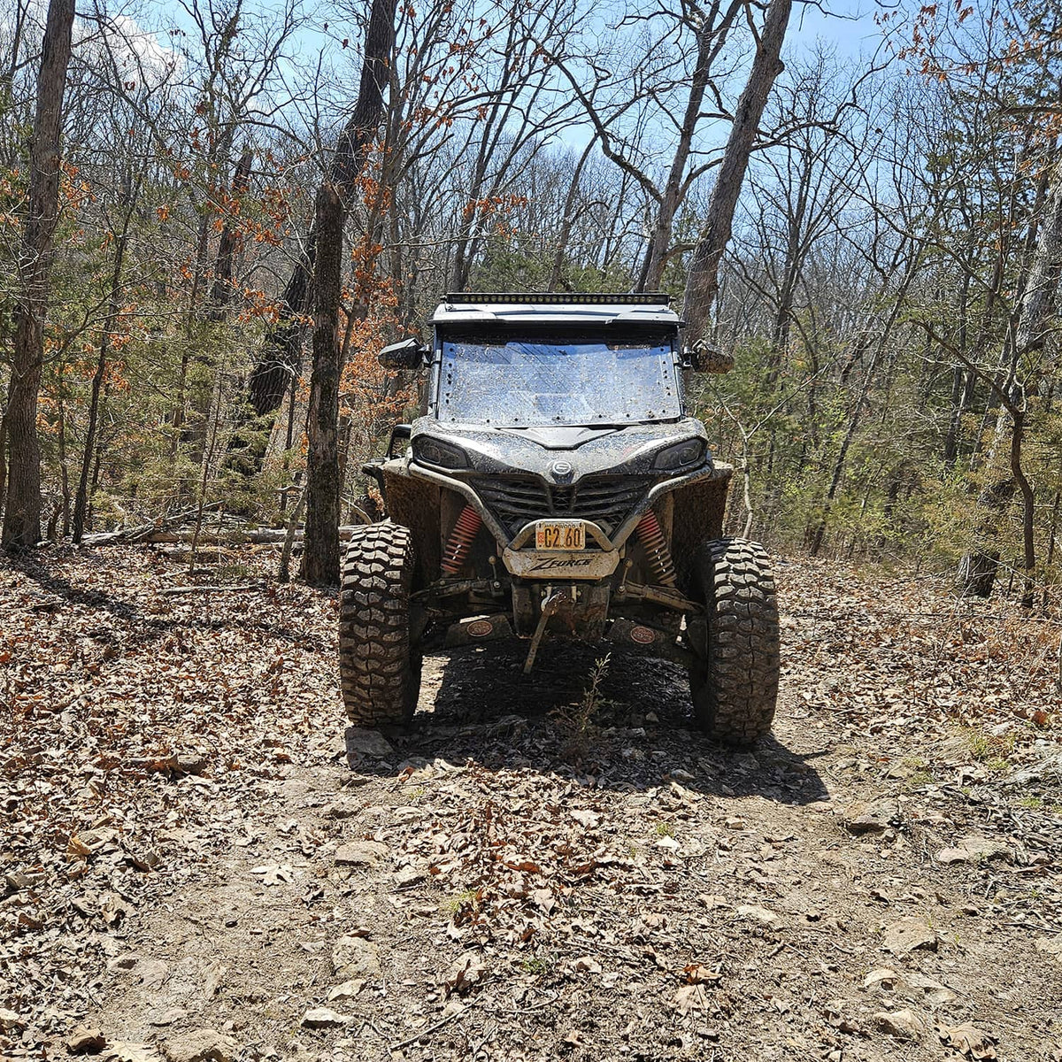 Front view of lifted CFMOTO ZForce 950 Sport with PERFEX UTV Lift Kit.