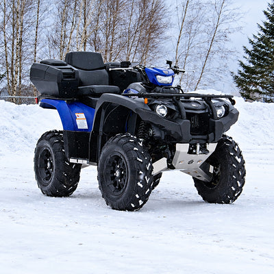 Front three-quarter view of a Yamaha Kodiak 450 ATV with the PERFEX 2-inch lift kit installed for added ground clearance and a taller stance.
