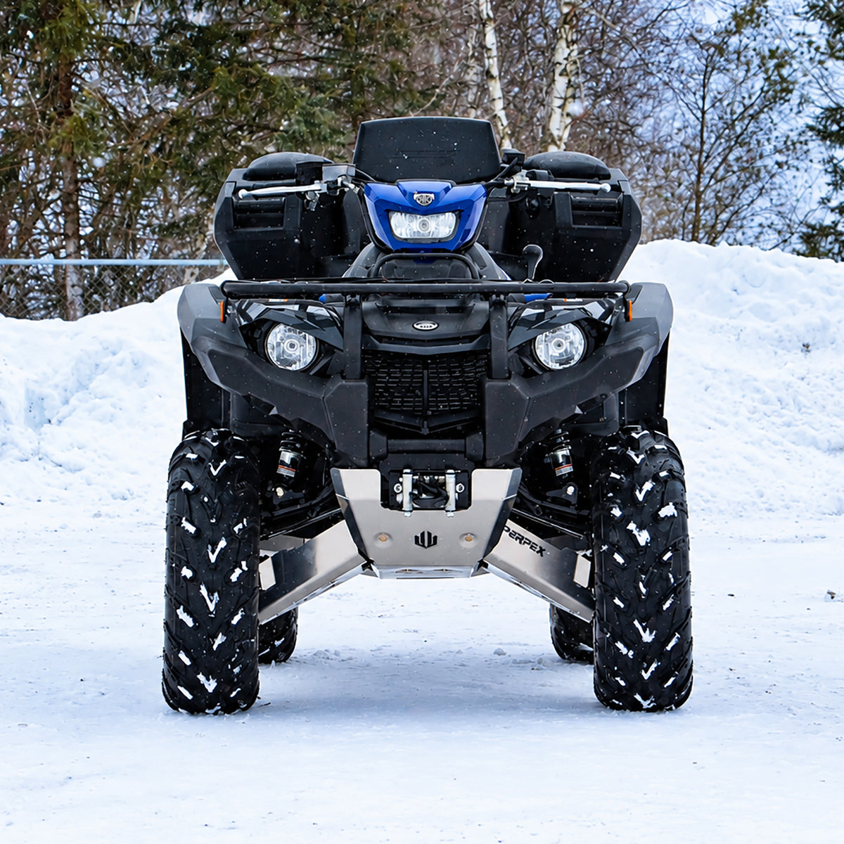 Front view of a Yamaha Kodiak 450 ATV equipped with a PERFEX 2-inch lift kit, showing its raised stance and increased ground clearance.