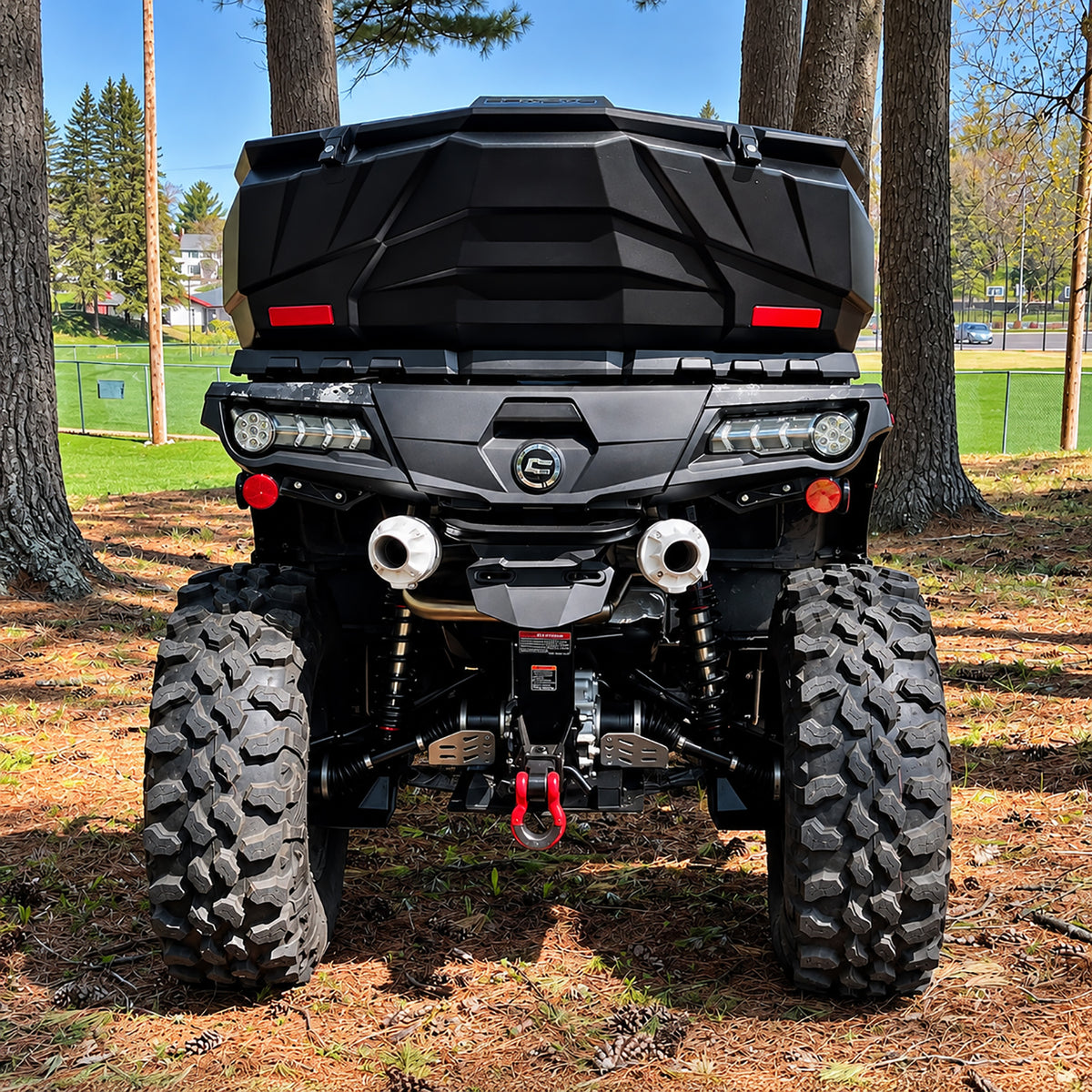CFMOTO CForce 1000 equipped with a PERFEX 2-inch lift kit, showing its rear suspension and rugged off-road setup.