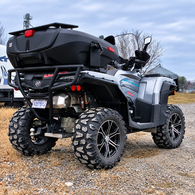 Rear three-quarter view of a lifted CFMOTO CForce 800XC ATV featuring a PERFEX 2-inch suspension upgrade.